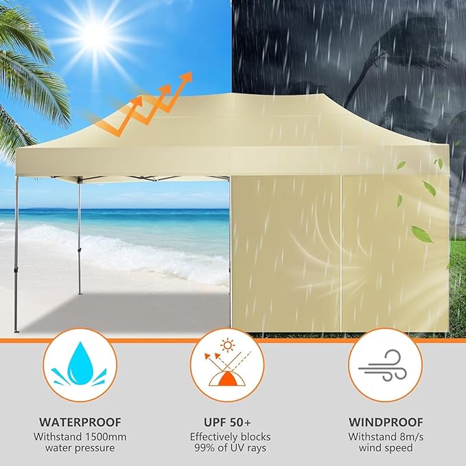 COBIZI 10x20 Pop up Canopy Tent Heavy Duty, Easy Set-up Commercial Outdoor Party Tent, 100% Waterproof Wedding Tents Gazebo, 3 Height Adjustable with Wheeled Bag, Khaki