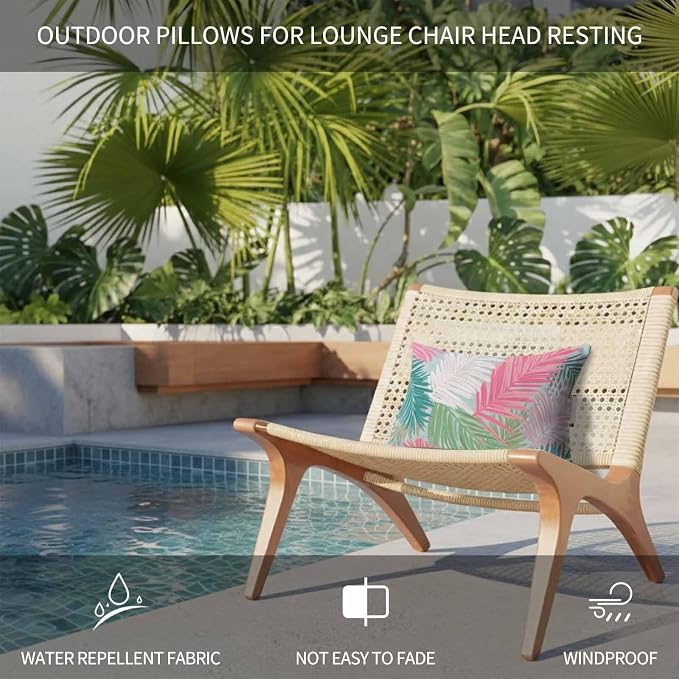 Outdoor Pillow for Chaise Lounge Chair Summer Botanical Palm Leaves Headrest Pillow with Adjustable Elastic Strap Set of 2,12x20 inch, Colorful Tropical Fronds Foliage Head Pillows for Patio Pool
