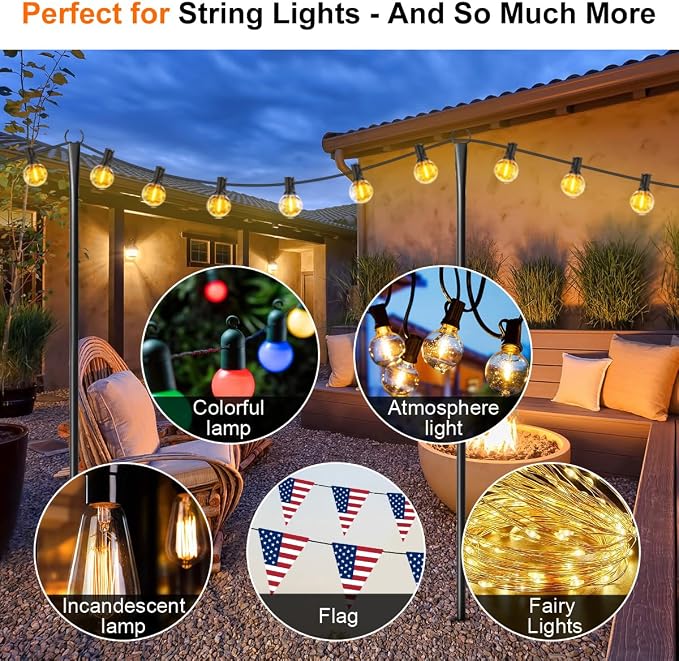 2 Pack Heavy-Duty String Light Poles for Outside with Fork, Adjustable Lighting Hanging Post Accessories for Patio Furniture Set Patio Decor Outdoor Decor Backyard Yard Pergola Garden Decorations