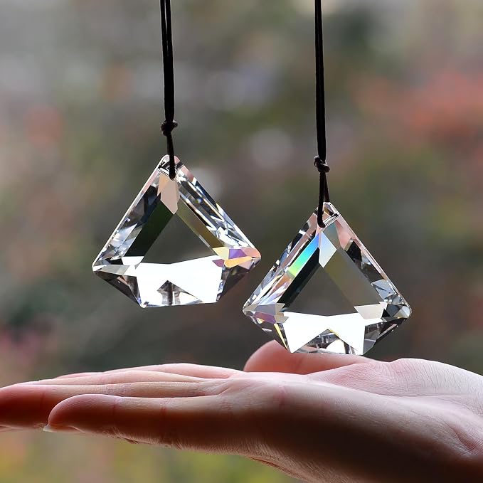 2PCS Diamond Crystal Suncatcher Prisms for Windows (Diamond Clear) | Clear, Transparent, K9 Glass, Rainbow Maker, with Hooks & Cord