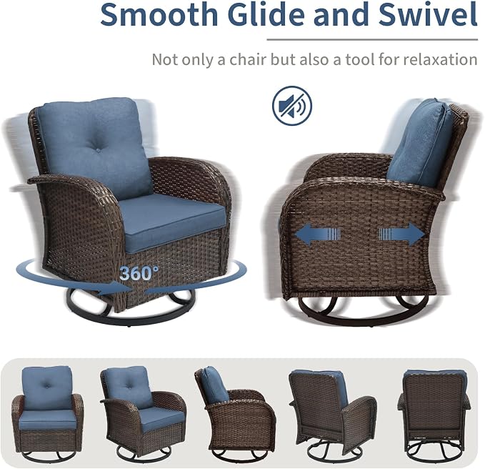 Outdoor Swivel Rocker Patio Chairs 3 Pieces，Swivel Patio Chairs with Cushions，Outdoor Swivel Rocking Chairs Set of 2 with Rattan Side Table，Patio Furniture Set for Outside Porch Deck
