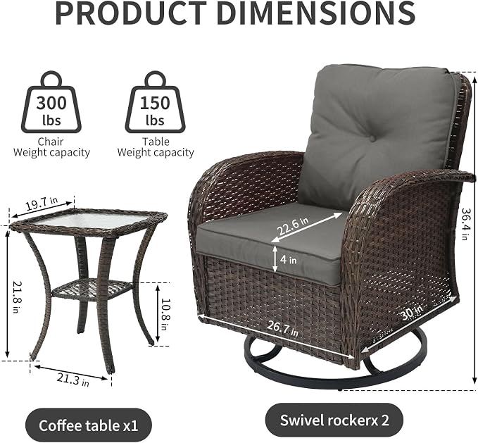 SHGJ&SOFT 3 Piece Patio Furniture Set, 2 Outdoor Swivel Rocking Chairs with Side Table, Wicker Glider Chairs, All-Weather Rattan Bistro Set for Porch, Deck, Pool (Grey, Brown Full-Weave Rattan)