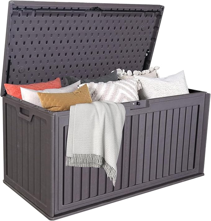 Outdoor Storage Box, 100 Gallon Deck Box Indoor and Outdoor Use, Resin Waterproof Lockable UV Resistant Extra Large Patio Storage Box for Patio Furniture Cushions, Gardening Tools, Pool Accessories