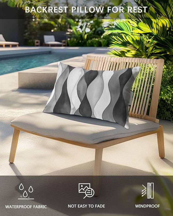 Outdoor Pillow for Chaise Lounge Chair Gray Gradient Ripples Outdoor Pillows Waterproof with Adjustable Strap Headrest Lumbar Pillows for Garden Patio Furniture 2 Pack 11" x 16"