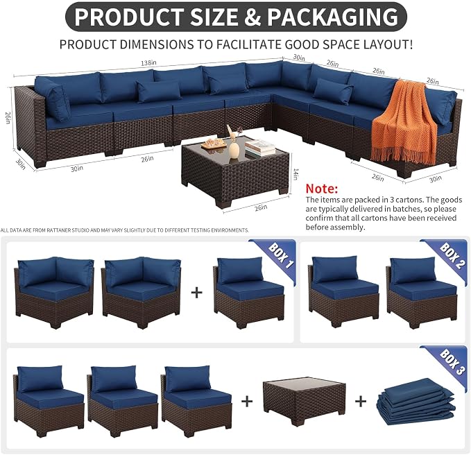 Rattaner 9 Pieces Outdoor Sectional All-Weather HDPE Brown Wicker Patio Furniture Set Patio Sectional and Glass Patio Table Non-Slip Cushions and Waterproof Covers, Navy Blue