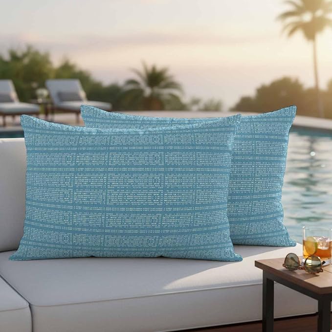 Outdoor Waterproof Throw Pillow Covers Set of 2 Teal Stripes Grain Lumbar Pillowcases 20x12 Inches Solid Color Decorative Pillows Cushion Case Patio Pillows for Couch Bed Chair Garden