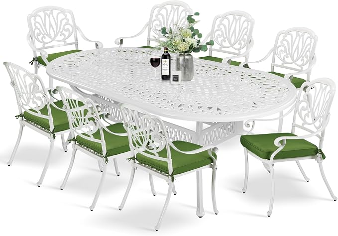 MEETWARM 9-Piece Outdoor Patio Dining Set, All-Weather Cast Aluminum Patio Conversation Set for Backyard Garden Deck with 1 Oval Table, 8 Outdoor Dining Cushioned Chairs, 2" Umbrella Hole, White