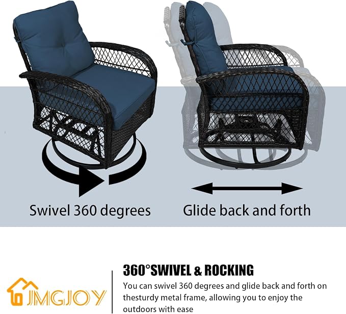 Outdoor Swivel Rocker Patio Chairs with Cushions，Outdoor Swivel Rocking Chairs Set of 2 with Rattan Side Table，360 Degree Swivel Seat Patio Furniture Set for Outside Porch Deck，3 Pieces