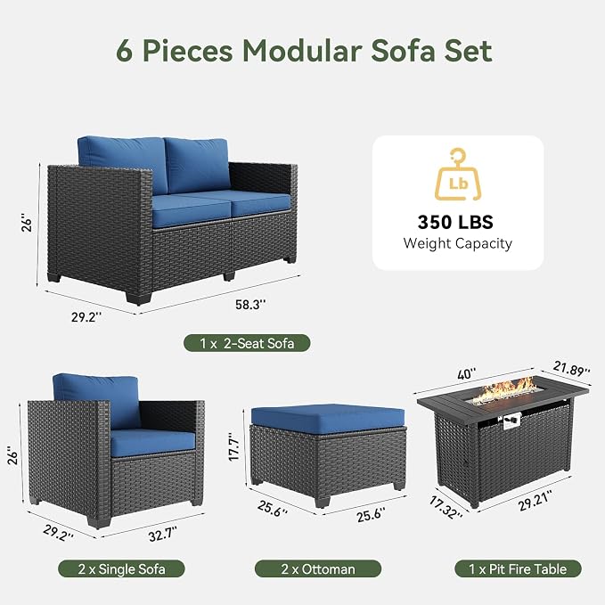 Aoxun Patio Furniture Set with Fire Pit Table, 6 Seats Outdoor Furniture Set with Wicker Ottomans, Rattan Outdoor Sectional Sofa with Thickened Cushion & Waterproof Cover Navy Blue