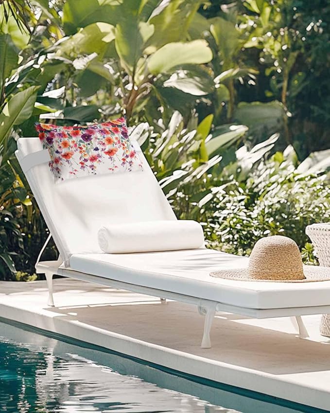 Pack of 2 Outdoor Lumbar Cushions with Inserts, Modern Colorful Flowers Watercolor Vine Texture Waterproof Fluffy Fade Body Pillows, Patio Furniture Pillow for Home Balcony Garden Decor 12x20IN