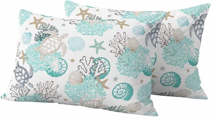 Summer Coastal Outdoor Throw Pillow Cover Ocean Sea Turtle Seaweed Waterproof Cushion Covers 2 Pack Teal Grey Abstract Art Pillow Cases Home Decoration for Patio Garden Couch Sofa 20x12In
