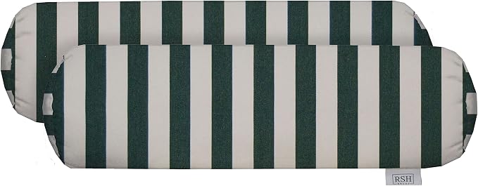 RSH Décor Jumbo Sunbrella Neck Roll Pillows – Set of 2 | 24” x 8” | Outdoor Bolster for Patio, Deck, Porch, or Poolside Furniture | Water & Fade-Resistant | Mason Forest Green Stripe