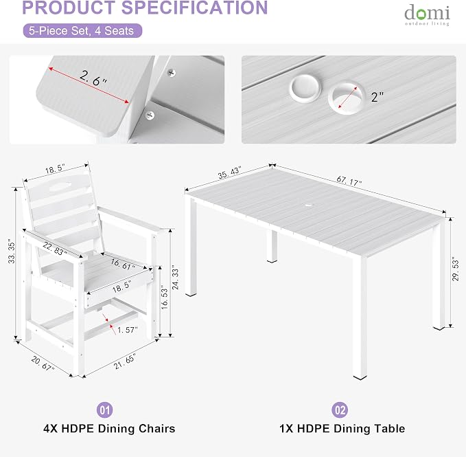 Domi HDPE Outdoor Dining Set, All-Weather 5 Piece Outdoor Dining Table Set with 2" Umbrella Hole, Outdoor Patio Dining Set for Garden, Poolside, Backyard, Deck, White
