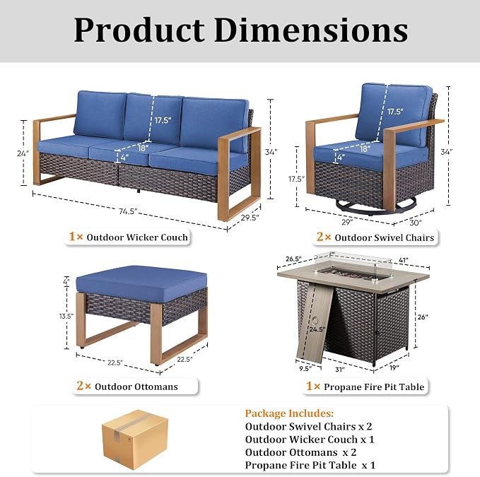 Patio Furniture Set with Fire Pit Table, 6-Piece Outdoor Wicker Sofa and Swivel Chairs, All-Weather Conversation Set for Backyard, Deck and Poolside Blue