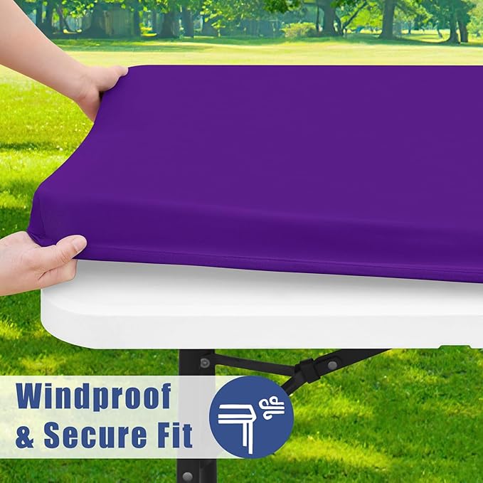 Moosfor Spandex 6 Foot Rectangle Table Cloth 2 Pack, Elastic Fitted Tablecloths for Picnic, Stretch Washable Patio Table Cover for Outdoor, Camping, Banquet and Parties (Purple, 30"x72")