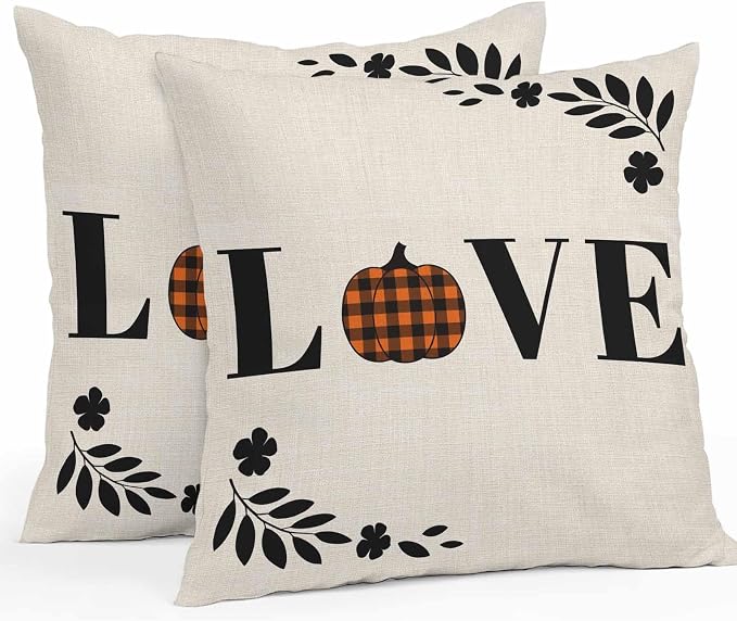 Orange Pumpkin Outdoor Waterproof Pillow Covers, Fall Leaves Love Heart Beige Pastoral Decorative Square Throw Pillowcase Sofa Cushion Sham for Patio/Couch/Chair, 24"x24" 2 Pack