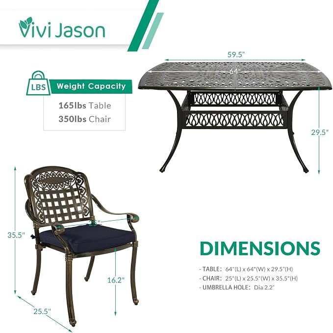 VIVIJASON 9-Piece Outdoor Dining Set, Cast Aluminum Retro Patio Furniture Table and Chairs Set for 8, Include Large 64" Square Dining Table and 8 Cushioned Chairs with Umbrella Hole, Navy Blue