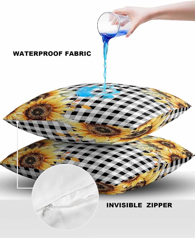 Sunflower Outdoor Waterproof Throw Pillow Covers 26"x26" Set of 2, Buffalo Check Plaid Sunflower Decorative Garden Pillowcase with Zipper Retro Farmhouse Cushion Case for Patio Couch Tent