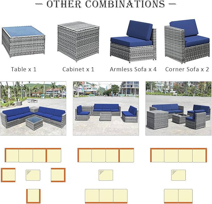 RELAX4LIFE 8-Piece Patio Furniture Set - PE Wicker Conversation Set w/Soft Cushions & Tempered Glass Storage Table, Outdoor Sectional Sofa Set for Garden, Poolside, Backyard (Navy Blue)