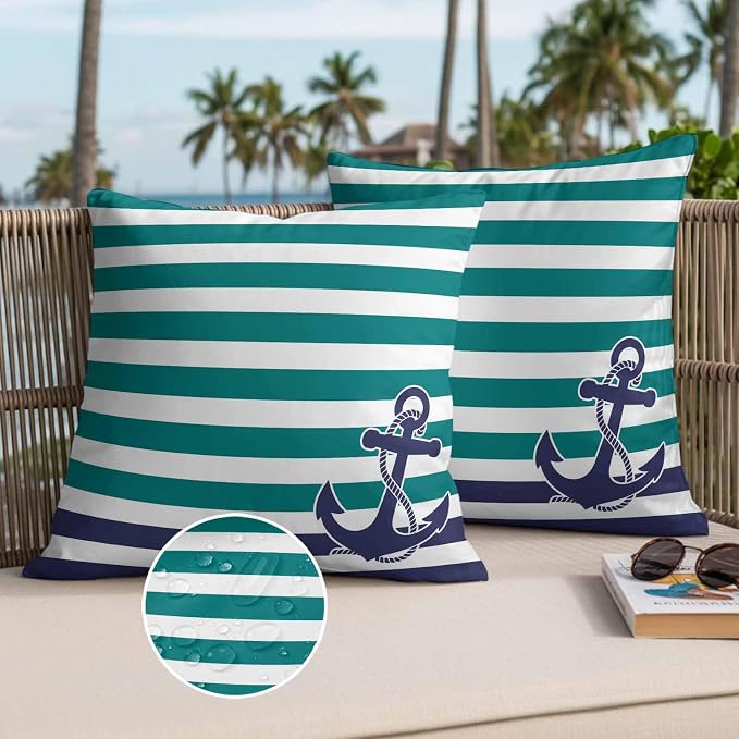 Throw Pillow Covers 24x24 Inch Set of 2, Anchor Teal Waterproof Outdoor Cushion Covers, Modern Navy Blue White Striped Nautical Decorative Pillowcases for Couch, Sofa, Bed, Garden, Patio