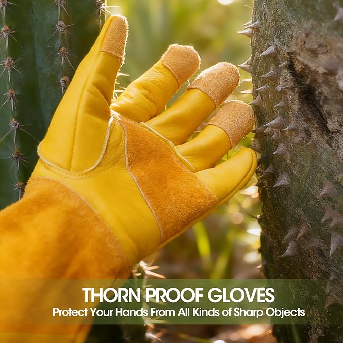 KDK Long Cowhide Gardening Gloves for Women Men, Thorn Proof Garden Gloves for Rose Pruning, Cactus Heavy Duty Gauntlet