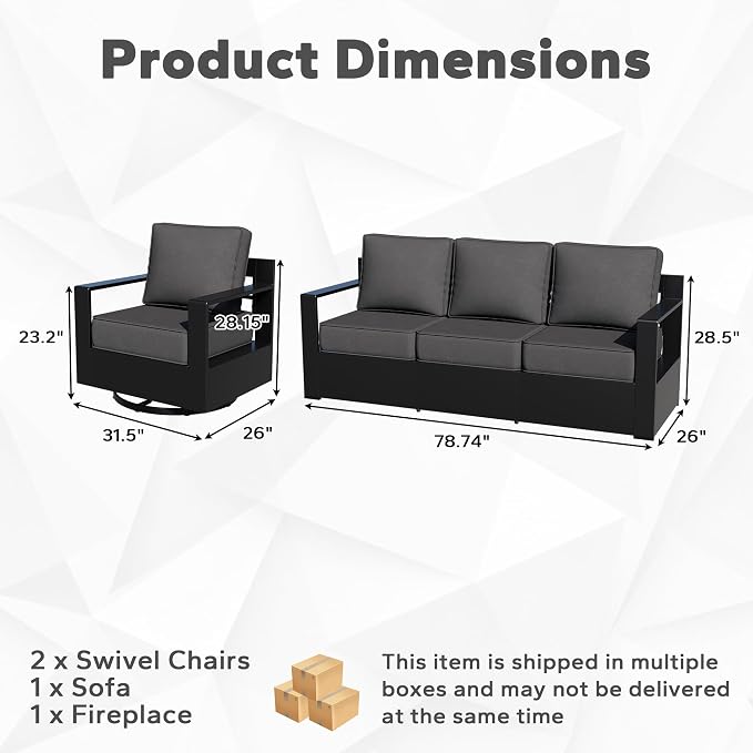 Outdoor Aluminum Furniture Set, 4-Piece Patio Conversation Set, 2 Swivel Chairs, 1 Sofa and 1 Fireplace, All-Weather Metal Frame, 6" Thick Removable Cushions, Deep Setting for Garden and Porch