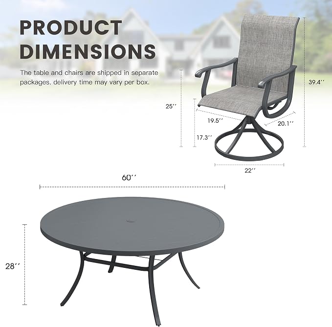 Outdoor Dining Set for 8, 63" Metal Round Outdoor Dining Table with Umbrella Hole and Sling Patio Swivel Chairs, 9 Pieces Patio Table and Chairs Set for Garden Backyard, Grey and Dark Grey