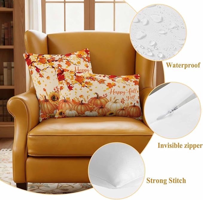 Orange Fall Waterproof Outdoor Pillow Covers 24''x24'' Set of 2, Maple Tree Branch Thanksgiving Pumpkin Patio Cushion Covers for Chairs,Decorative Countryside Leaves Pillow Cases for Garden/Pool/Beach