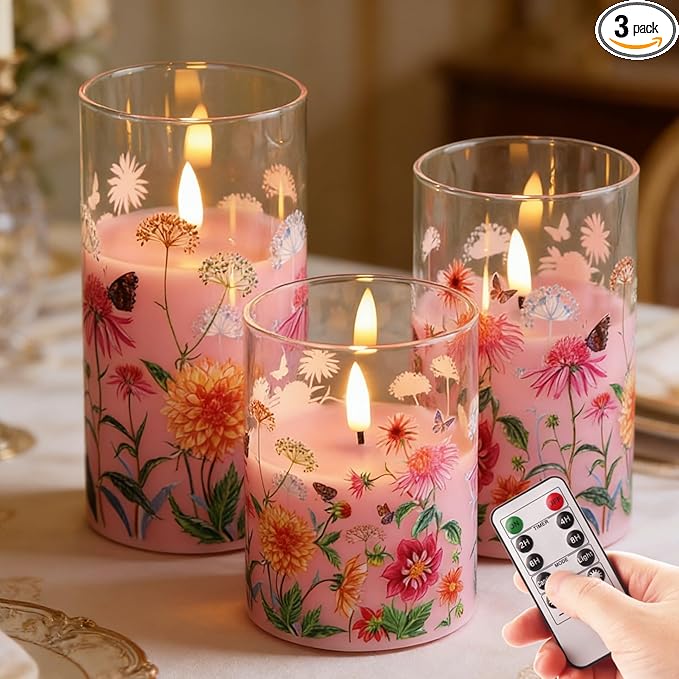 Pink Floral Glass Flameless Pillar Candles with Remote, Flickering Spring LED Battery Candles Home Decor Set of 3