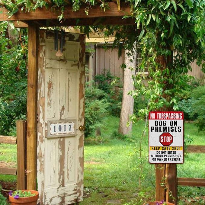 Beware Dog Signs - No Trespassing, Dogs On Premises, Funny Metal Tin Signs - 12 x 8 Inch