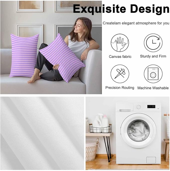 Lumbar Pillow Covers 20x12 Inch Set of 2, Purple Pink Waterproof Outdoor Cushion Covers, Geometric Vertical Striped Solid Rainbow Decorative Pillowcases for Couch, Sofa, Bed, Garden, Patio