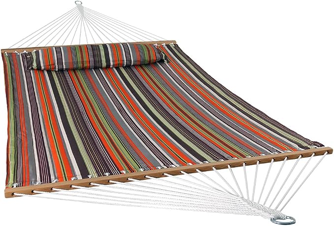 Sunnydaze Quilted Double Hammock for Outside with Spreader Bars and Pillow - 450 lb Capacity, 74x55 Inch Bed, UV Resistant, Quick Dry - Chains Included, Stand Sold Separately - Canyon Sunset