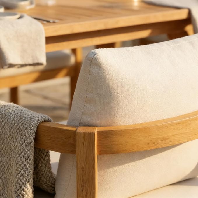SUNSITT 7-Piece Outdoor Patio Dining Set, 55" - 71" Acacia Wood Expandable Outdoor Table Set with Umbrella Hole, 6 Curved Patio Arm Chairs w/Removable Cushions for Backyard, Porch, Deck