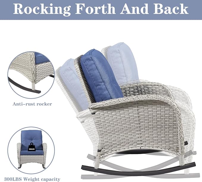 Belord Wicker Conversation Sets Patio Furniture 5 PCS Outdoor Rocking Chairs with Rattan Loveseat, Wicker Table and Chairs Set for Patio Deck Poolside Blue Cushion