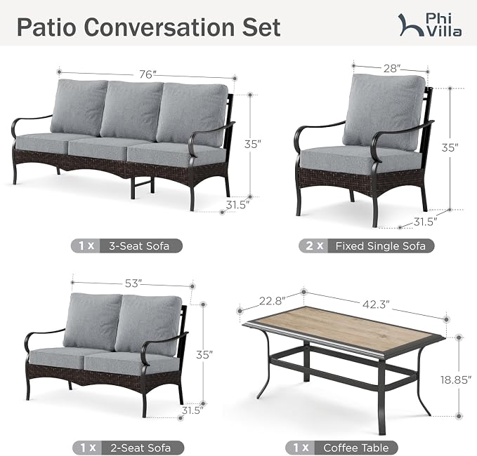 PHI VILLA Outdoor Modern Patio Furniture Set, Upgraded Wicker & Metal Patio Conversation Set with Waterproof Thick Cushions for Porch, Poolside, Yard (5 Pieces,Grey)