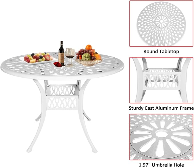 Patio Dinning Set Weather Resistant Cast Aluminum Patio Furniture Set with Umbrella Hole, Bistro Dining Set for Garden (42" x 42" Table D and 4 Chairs White, 5 Pieces)