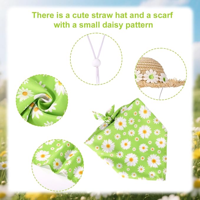 Lyreh Summer Porch Goose Outfits, Hawaiian Daisy Pastoral Style Goose Clothes Set Straw Hat & Bandana Scarf Costume for 23/17" Lawn Statue for Outdoor Garden Yard Patio Decor Accessories