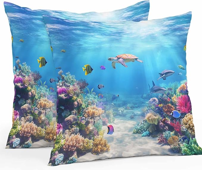 Ocean Turtle Waterproof Outdoor Pillow Covers Set of 2 Home Decor, Blue Beach Summer Dolphin Whale Coral Fish Pillowcase Patio Pillow Covers for Couch Bench Furniture Garden 24x24in