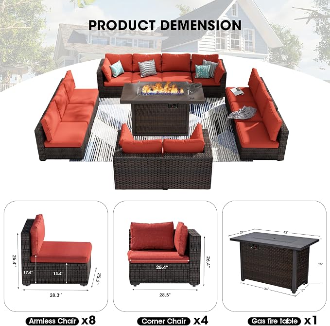 13 Piece Patio Furniture Set with Fire Pit Table All Weather PE Rattan Outdoor Sectional Sofa Couch with No-Slip Cushions for Garden, Poolside, Backyard (Red)