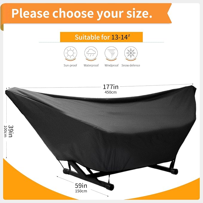 Hammock Cover Waterproof,10-15FT Outdoor Hammock Covers with Elastic Ropes,Adjustable Buckle and Zip,420D Oxford HammockBeds Cover for Garden,Patio,Beach Hammocks Stand (Black, 13-14FT)