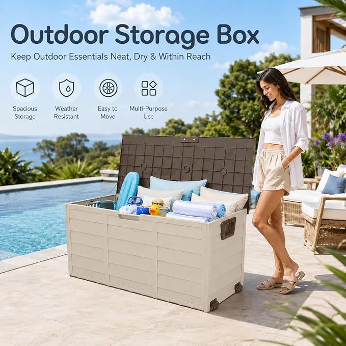 75 Gallon Resin Deck Box, Waterproof Outdoor Storage Box with Wheels, Lockable Lid and Handles, Large Deck Storage for Outdoor Gear, Patio Furniture Cushion, Gardening Tools, Brown
