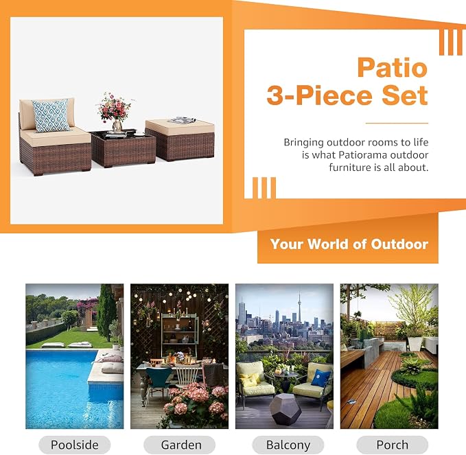 Patiorama 3 Piece Patio Furniture Set, Outdoor Sectional Sofa, PE Wicker Rattan Conversation Set, All Weather Armless Chair and Ottoman with Coffee Table, Brown Wicker Beige Cushion