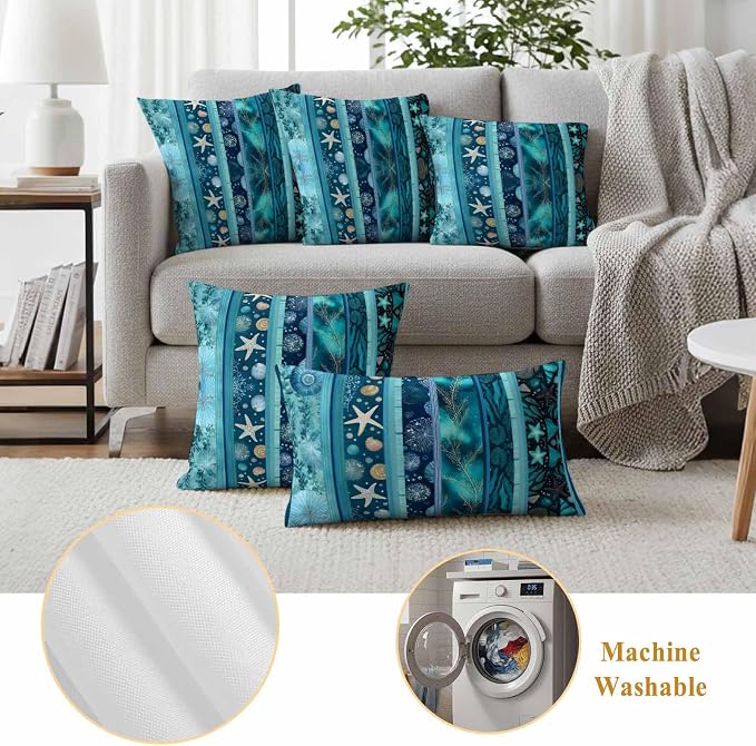 Turquoise Ocean Outdoor Waterproof Throw Pillow Covers Set of 2, 20"x12", Blue Stripes Starfish Coral Seaweed Luxury Decorative Pillow Covers Outside Cushion Case for Patio Porch Garden