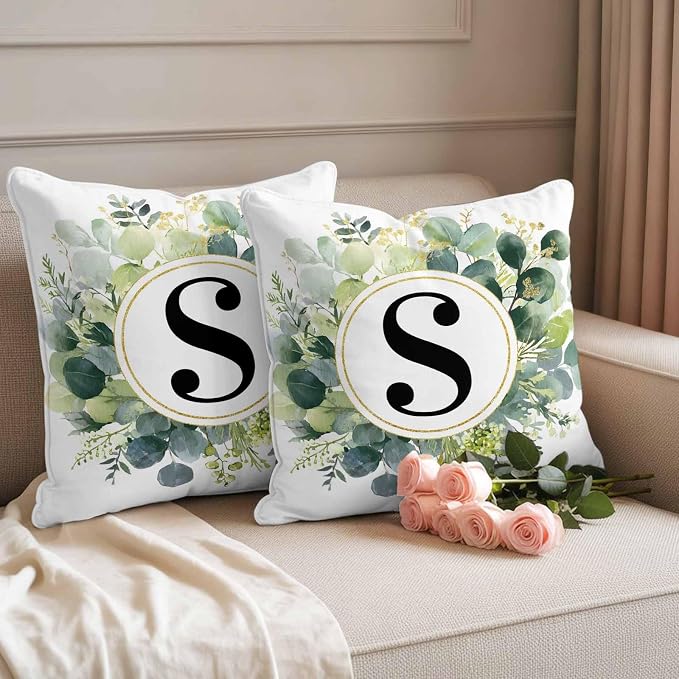 Letter S Waterproof Outdoor Pillow Covers Set of 2 Home Decor, Alphabet Green Eucalyptus Leaves Pillowcase Patio Pillow Covers for Couch Bench Patio Furniture Garden 16x16in