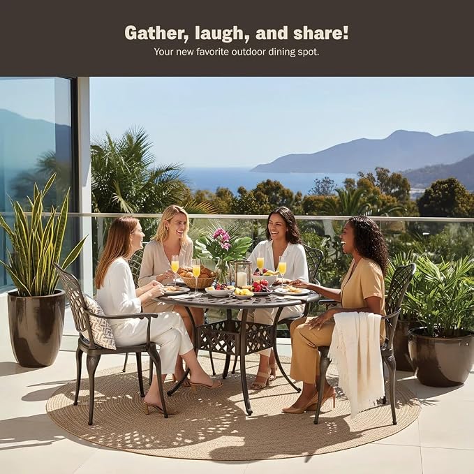 5-Piece Outdoor Dining Set, All-Weather Cast Aluminum Resistant Patio Dining Furniture, Includes 4 Chairs and 1 Round Table with Umbrella Hole for Garden Deck Backyard