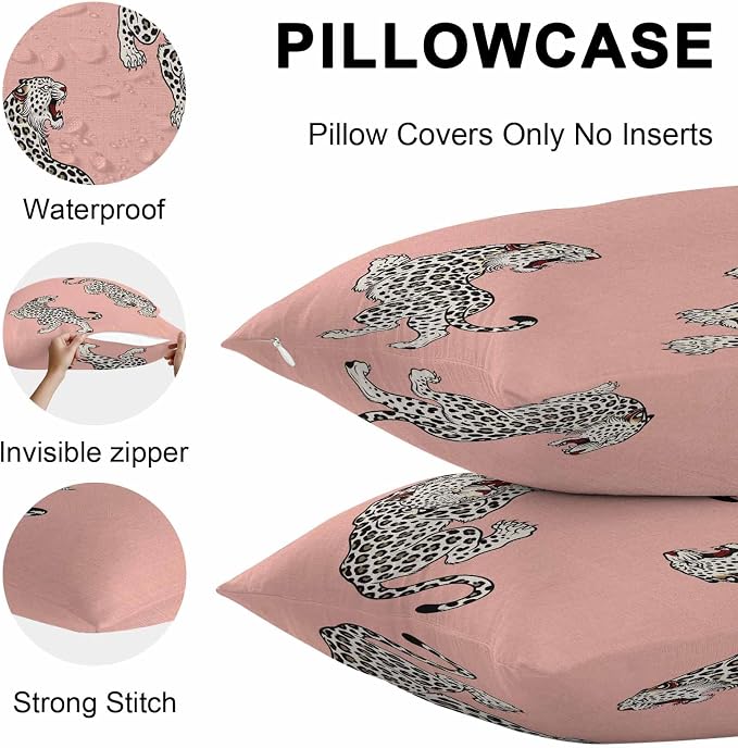 Vandarllin Outdoor Throw Pillows Covers 20x20 inch Set of 2 Waterproof Pink Leopard Decorative Zippered Cushion Covers for Patio Furniture, Bohemian Animal Print Lumbar Pillowcases
