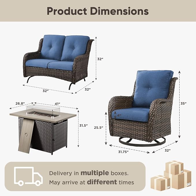 Belord 4 Piece Patio Wicker Furniture Set, Outdoor Swivel Rocker Chairs, All Weather Outdoor Patio Loveseat Set with Fire Pit Table for Deck Porch, Brown Wicker/Blue