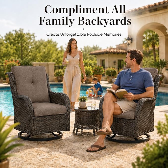 HUMMUH Outdoor Swivel Rocker Wicker Patio Chairs Set of 2, Rattan Rocking Chair Furniture Set(Brown,Grey)