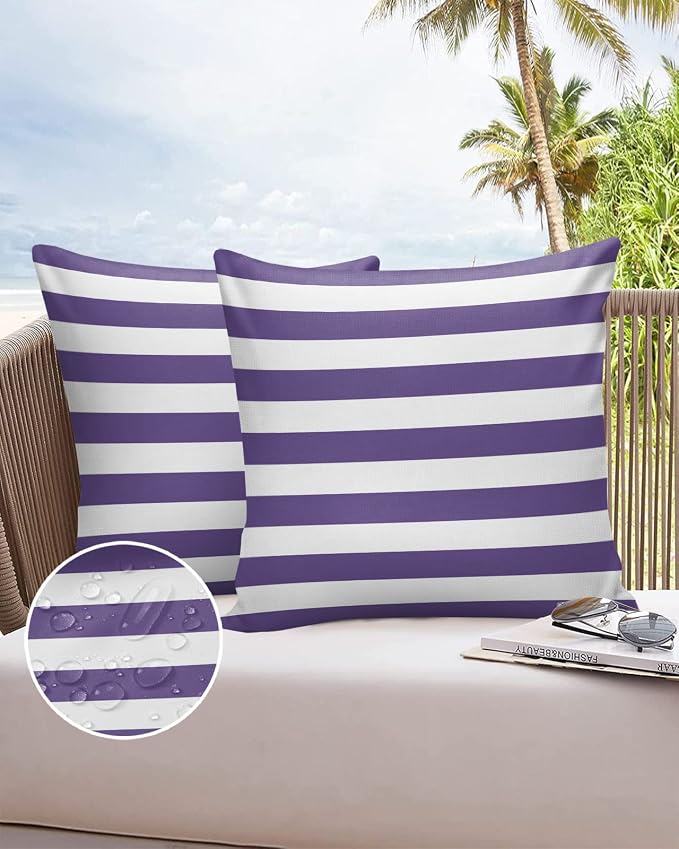 Outdoor Pillows 24x24 Waterproof Outdoor Pillow Covers Purple White Stripes Polyester Throw Pillow Covers Garden Cushion Decorative Case for Patio Couch Decoration Set of 2 Geometric