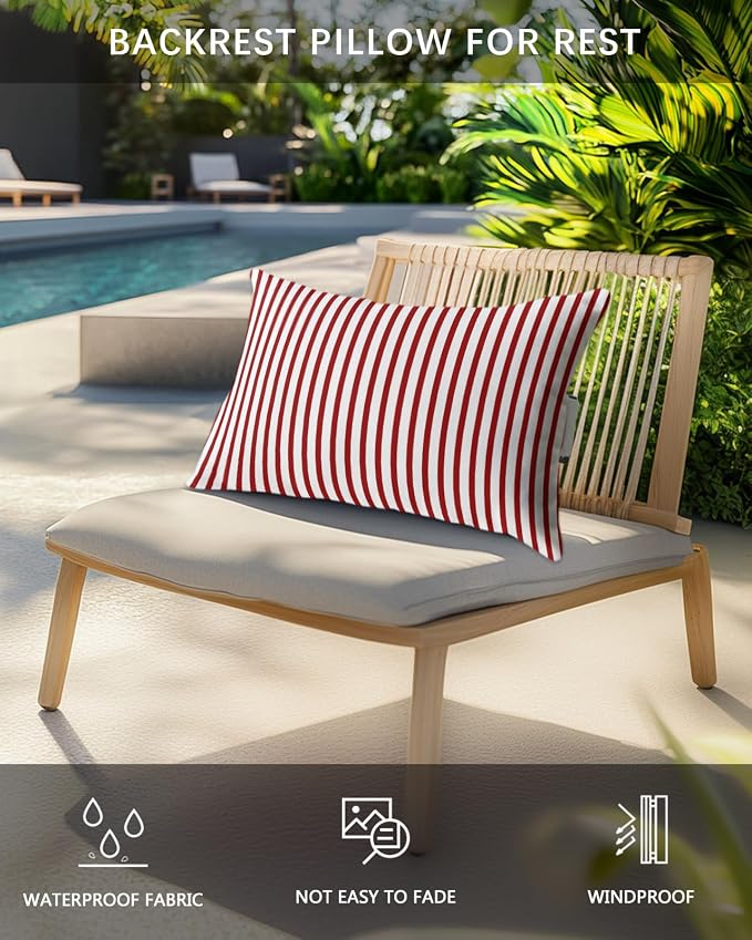 Pack of 2 Outdoor Lumbar Pillow Covers 12x20 Inch, Thin Red Striped Waterproof Throw Pillow Covers Set, Farmhouse Modern Red Stripes Indoor&Outdoor Decorative Cushion Cases for Patio Porch Car